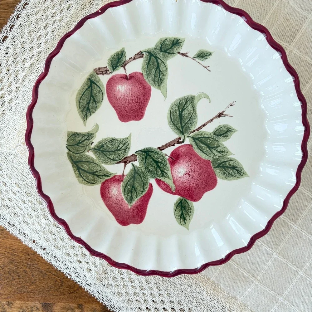 Vintage Ceramic Apple Orchard Fluted Tart Pan Quiche Dish Red Burgundy 10 Inch